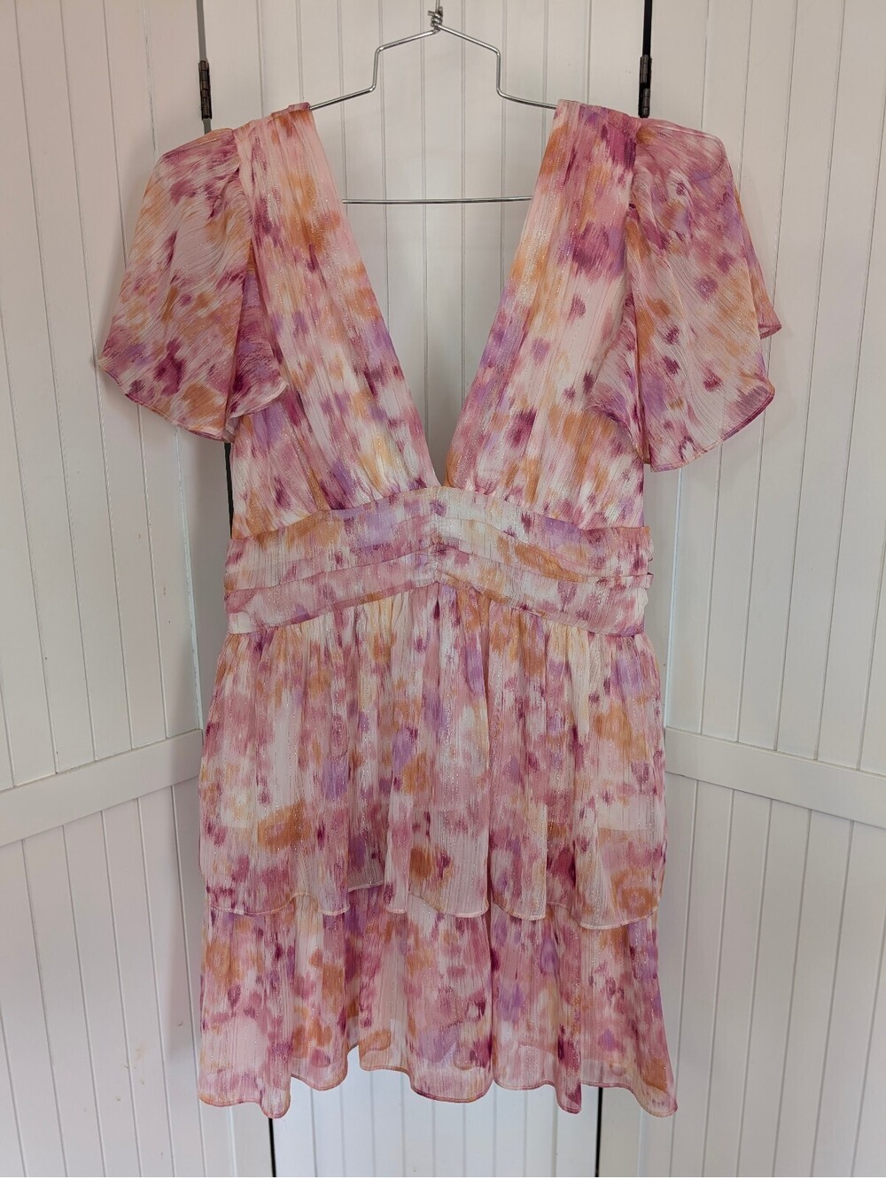 Lulus Pink Purple Watercolor Floral Dress Large Ruffle Flutter Sleeve Tiered